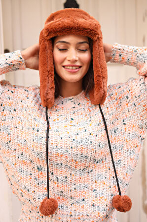 Kadın Kürklü Kulaklıklı Peluş Şapka RKŞ-04 Kiremit | Standart