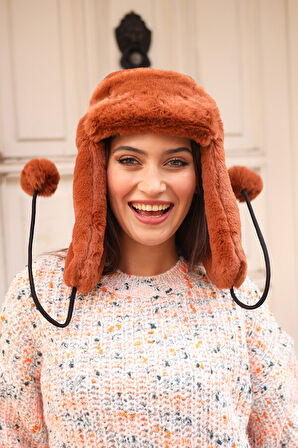 Kadın Kürklü Kulaklıklı Peluş Şapka RKŞ-04 Kiremit | Standart