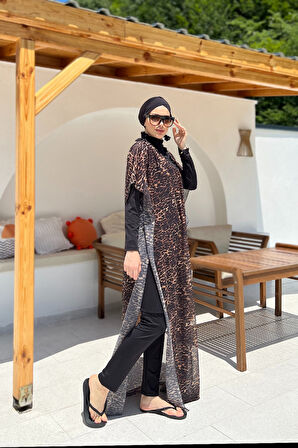 Remsa Tesettür Mayo Üzerine Desenli Tek Kaftan Pareo 430-313 Leopar | Standart