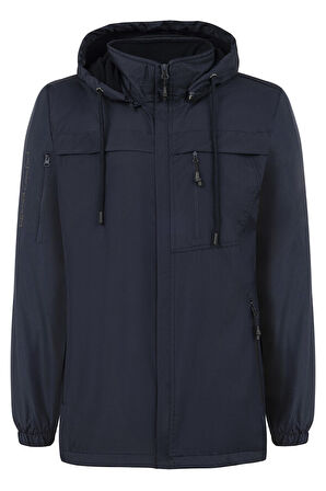 Erkek Kapüşonlu Rüzgar Geçirmez Cep Detaylı İçi Polar Kışlık Mont Lacivert RMNT01  | M