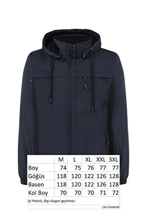 Erkek Kapüşonlu Rüzgar Geçirmez Cep Detaylı İçi Polar Kışlık Mont Lacivert RMNT01  | M