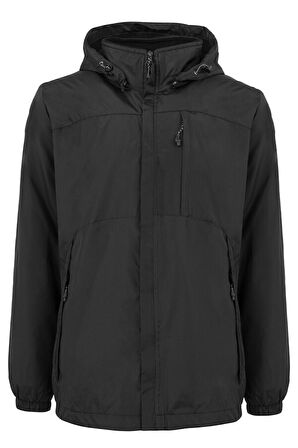 Erkek Kapüşonlu Rüzgar Geçirmez Cep Detaylı İçi Polar Kışlık Mont Siyah RMNT02 | 3XL