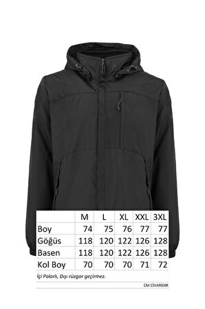 Erkek Kapüşonlu Rüzgar Geçirmez Cep Detaylı İçi Polar Kışlık Mont Siyah RMNT02 | 3XL