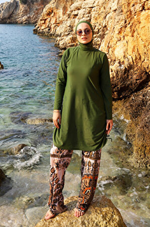 Bol Paça Likralı Tam Kapalı Tesettür Mayo 900-303 Haki | 40