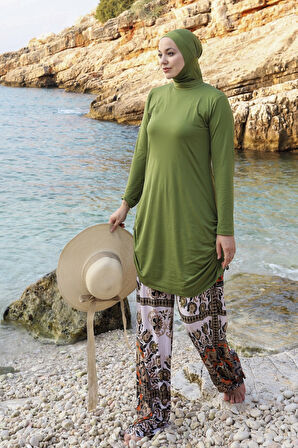 Bol Paça Likralı Tam Kapalı Tesettür Mayo 900-302 Zeytin Yeşili | 44
