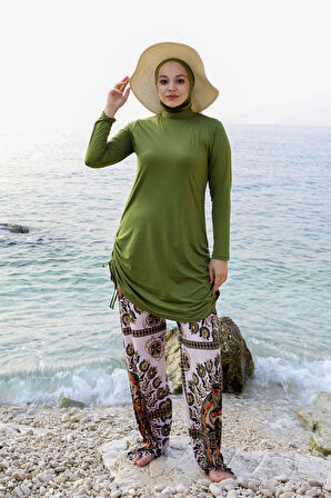 Bol Paça Likralı Tam Kapalı Tesettür Mayo 900-302 Zeytin Yeşili | 44