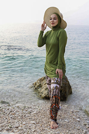 Bol Paça Likralı Tam Kapalı Tesettür Mayo 900-302 Zeytin Yeşili | 44