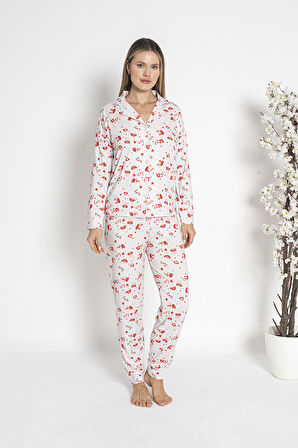 Kadın Termal Önü Düğmeli Pijama Takımı 24495 Ekru | XL