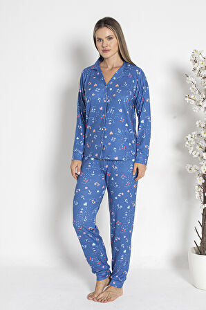 Kadın Termal Önü Düğmeli Pijama Takımı 24490 Mavi | XL