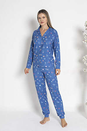 Kadın Termal Önü Düğmeli Pijama Takımı 24490 Mavi | XL