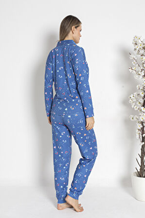 Kadın Termal Önü Düğmeli Pijama Takımı 24490 Mavi | XL
