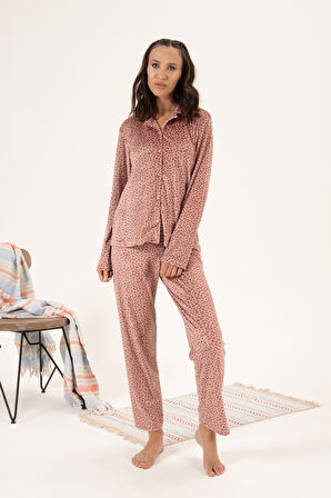 Kadın Kadife Önü Düğmeli Pijama Takımı 24362 Somon | XL