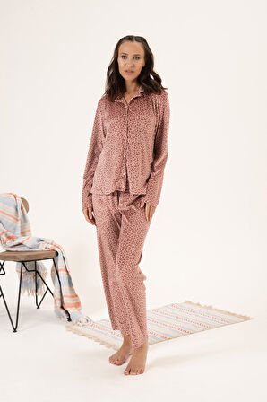 Kadın Kadife Önü Düğmeli Pijama Takımı 24362 Somon | XL