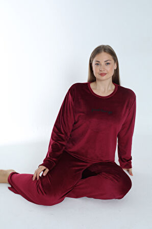 Büyük Beden Kadın Kadife Pijama Takımı 24391 Bordo | 3XL