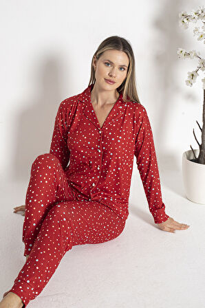 Kadın Termal Önü Düğmeli Pijama Takımı 24492 Kırmızı | M