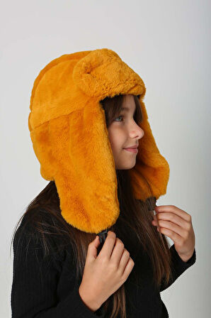 Çocuk Çıtçıtlı Kürklü Kulaklıklı Peluş Bere Şapka RKŞ-Ç-03 Hardal | Standart