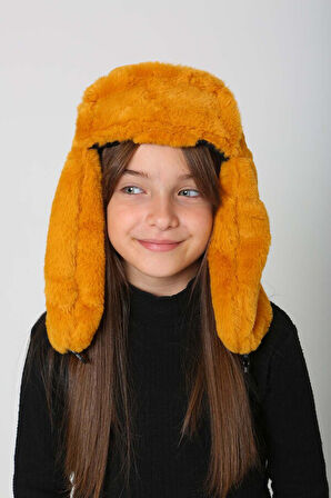 Çocuk Çıtçıtlı Kürklü Kulaklıklı Peluş Bere Şapka RKŞ-Ç-03 Hardal | Standart