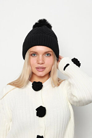 Kalın Ponponlu İçi Yünlü Kadın Bere 1140 RKŞ-17 Siyah | Standart