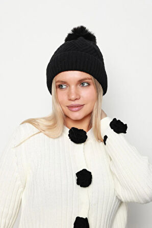 Kalın Ponponlu İçi Yünlü Kadın Bere 1140 RKŞ-17 Siyah | Standart