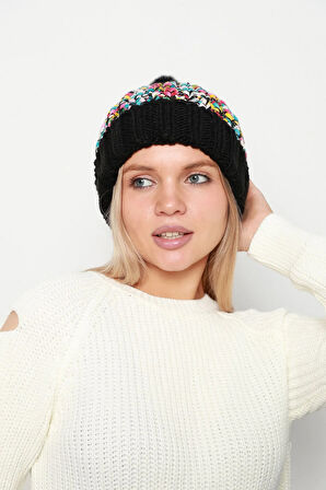 Ponpon Detay Renkli Örme Kadın Bere RKŞ-21 Siyah | Standart