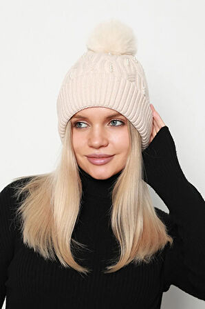 Boncuk Detaylı Ponponlu İçi Yünlü Kadın Bere RKŞ-18 Bej | Standart