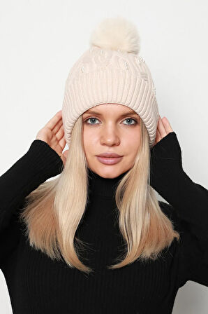 Boncuk Detaylı Ponponlu İçi Yünlü Kadın Bere RKŞ-18 Bej | Standart