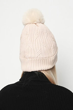 Boncuk Detaylı Ponponlu İçi Yünlü Kadın Bere RKŞ-18 Bej | Standart