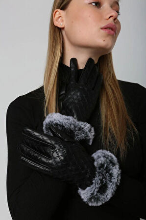 Peluş Detay Kapitone Desen Kadın Deri Eldiven ELD-12 Siyah | Standart