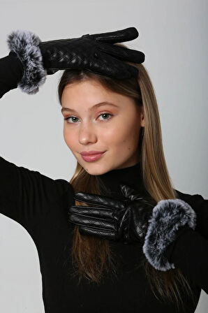 Peluş Detay Kapitone Desen Kadın Deri Eldiven ELD-12 Siyah | Standart