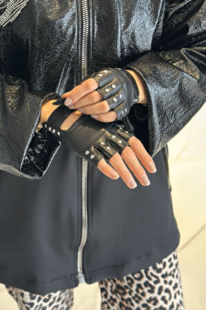 Zımba Detay Kadın Deri Kesik Eldiven ELD-31 Siyah | Standart