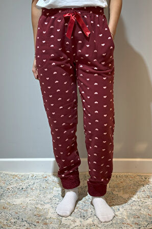 Kadın Polar Manşetli Pijama Tek Alt Kalp 130 Bordo | M