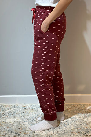 Kadın Polar Manşetli Pijama Tek Alt Kalp 130 Bordo | M