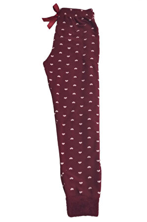 Kadın Polar Manşetli Pijama Tek Alt Kalp 130 Bordo | M