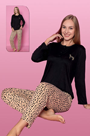 Viskon Likralı Kadın Pijama Takımı Leopar Desen 25300 Siyah | M