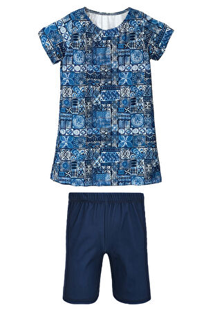 Kız Çocuk Kısa Kollu Likralı Taytlı Yarı Kapalı Mayo R5005 Rabia | 7-8 YAŞ