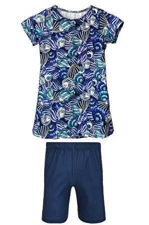 Kız Çocuk Kısa Kollu Likralı Taytlı Yarı Kapalı Mayo R5005 Kabuklar | 7-8 YAŞ