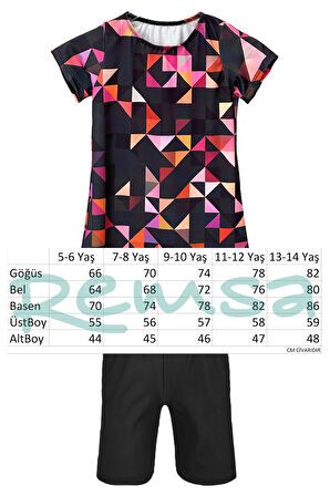 Kız Çocuk Kısa Kollu Likralı Taytlı Yarı Kapalı Mayo R5005 Pembe Geometrik | 9-10 YAŞ
