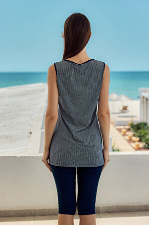 Sıfır Kol Taytlı Yarı Kapalı Mayo Desenli 720-134 Lacivert | 38