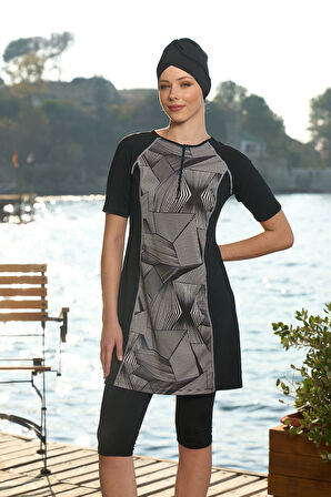 Kısa Kollu Yarı Kapalı Mayo 24823 Siyah | 38