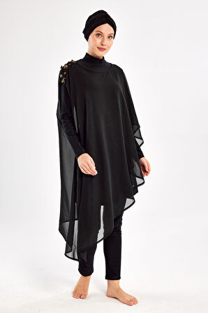 3'lü Pareolu Likralı Tam Kapalı Tesettür Mayo Jazmın 4560 Siyah | M