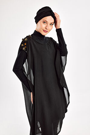 3'lü Pareolu Likralı Tam Kapalı Tesettür Mayo Jazmın 4560 Siyah | XXL