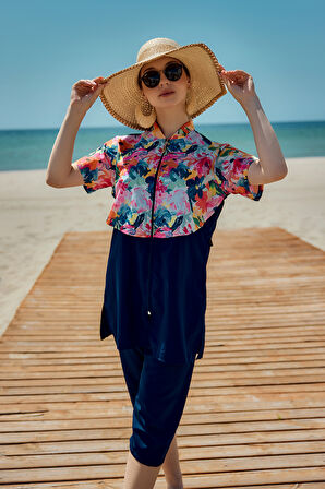 Önü Kapaklı Paraşüt Kısa Kollu Yarı Kapalı Mayo Nurel R2603 | XXL