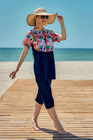 Önü Kapaklı Paraşüt Kısa Kollu Yarı Kapalı Mayo Nurel R2603 | XXL