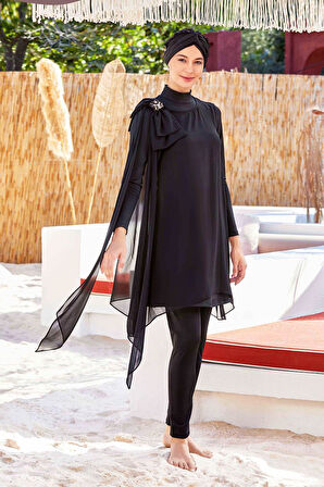 3'lü Pareolu Likralı Tam Kapalı Tesettür Mayo Jossy 4559 Siyah | S