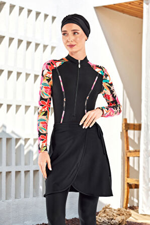 3 Farklı Şekilde Giyilebilir Likralı Etekli Tesettür Mayo Dora 1108 Siyah | XL