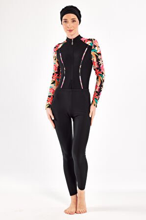 3 Farklı Şekilde Giyilebilir Likralı Etekli Tesettür Mayo Dora 1108 Siyah | XL