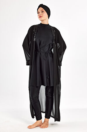 3'lü Pareolu Tasarım Likralı Tam Kapalı Tesettür Mayo Jorıe 1132 Siyah | L