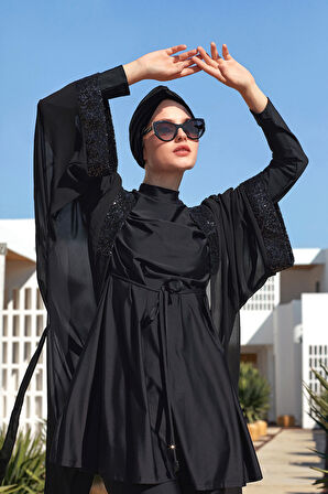 3'lü Pareolu Tasarım Likralı Tam Kapalı Tesettür Mayo Jorıe 1132 Siyah | XL