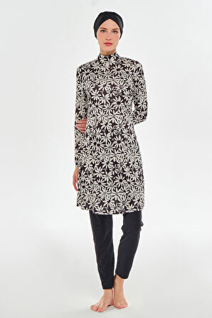 Likralı Tam Kapalı Tesettür Mayo Desenli 3101 Siyah | M