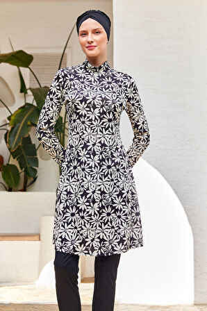Likralı Tam Kapalı Tesettür Mayo Desenli 3101 Siyah | XL